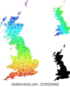 Spectrum gradiented star mosaic map of Great Britain. Vector colorful map of Great Britain with spectrum gradients. Mosaic map of Great Britain collage is done with random colored star parts.