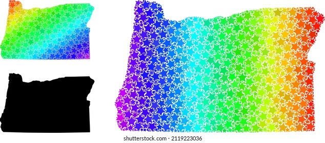 Spectrum gradiented star mosaic map of Oregon State. Vector colorful map of Oregon State with spectrum gradients. Mosaic map of Oregon State collage is made of chaotic colorful star items.
