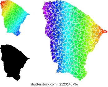 Geografisch sortierte Sternmosaikkarte des Ceara-Zustands. Vektorfarbige Karte des Ceara-Zustands mit Regenbogengradienten. Die Mosaikkarte der Ceara-Staatskollage besteht aus chaotischen, farbigen Sternelementen.
