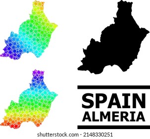 Spectrum gradiented star mosaic map of Almeria Province. Vector colored map of Almeria Province with spectrum gradients. Mosaic map of Almeria Province collage is done with random color star elements.