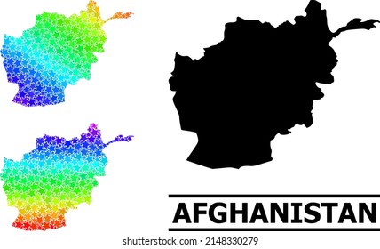 Mapa de mosaico de estrellas con granadas de espectro de Afganistán. Mapa de Afganistán coloreado por vectores con gradientes espectrales. El mapa mosaico del collage de Afganistán se forma con objetos estrella de color caótico.