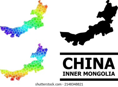 Spectrum gradiented star mosaic map of Inner Mongolia. Vector colored map of Inner Mongolia with spectrum gradients. Mosaic map of Inner Mongolia collage is composed with chaotic colored star items.
