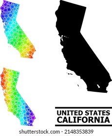 Spectrum gradiented star mosaic map of California. Vector vibrant map of California with spectrum gradients. Mosaic map of California collage is formed with scattered colored star parts.