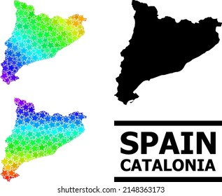 Spectrum gradiented star mosaic map of Catalonia. Vector colorful map of Catalonia with spectrum gradients. Mosaic map of Catalonia collage is constructed from random colored star elements.