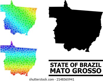 Mapa de mosaico de estrellas con granadas de espectro del estado de Mato Grosso. Mapa de colores vectoriales del estado de Mato Grosso con gradientes de espectro.