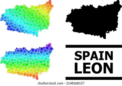 Spectrum gradiented star mosaic map of Leon Province. Vector vibrant map of Leon Province with spectral gradients. Mosaic map of Leon Province collage is composed with chaotic colored star elements.