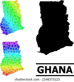 Spectrum gradiented star mosaic map of Ghana. Vector colorful map of Ghana with spectral gradients. Mosaic map of Ghana collage is formed with randomized colorful star parts.