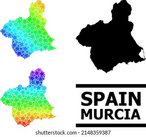 Spectrum gradiented starred collage map of Murcia Province. Vector colored map of Murcia Province with spectrum gradients.