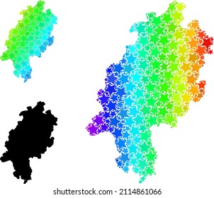Frequenzgradienten Sternenkollektionskarte des Hesse-Staates. Vektorgrafik des Hessischen Staates mit Frequenzgradienten. Die Mosaikkarte der Hessischen Landescollage ist mit chaotischen, bunten Sternelementen gefertigt.