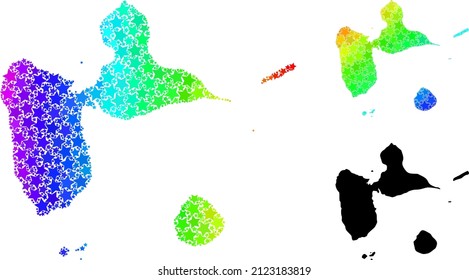Spectrum gradiented stars collage map of Guadeloupe. Vector colorful map of Guadeloupe with spectrum gradients. Mosaic map of Guadeloupe collage is organized with random colorful star parts.