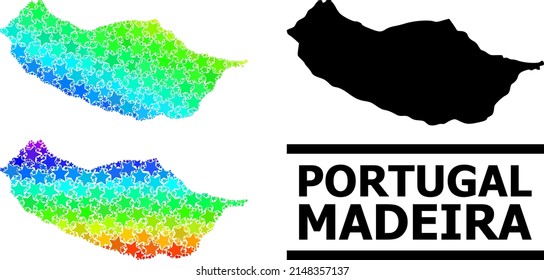 Spectrum gradiented stars mosaic map of Madeira Island. Vector colored map of Madeira Island with spectral gradients.