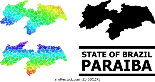 Spectrum gradiented stars mosaic map of Paraiba State. Vector colored map of Paraiba State with spectrum gradients. Mosaic map of Paraiba State collage is designed with scattered colored star items.