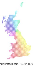 Spectrum Great Britain Map. Vector geographic map in bright spectrum color tinges. Spectrum has circular gradient. Bright vector pattern of Great Britain Map organized of circle bubbles.