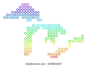 Spectrum Great Lakes Map. Vector geographic map in bright spectral color hues. Spectrum has vertical gradient. Colored vector collage of Great Lakes Map combined of round elements.