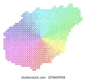 Spectrum Hainan Island Map. Vector geographic map in bright spectral color color tints. Spectrum has circular gradient. Colored vector mosaic of Hainan Island Map combined of circle elements.