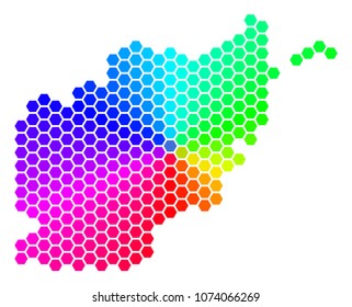 Spectrum hexagon Afghanistan Map. Vector geographic map in rainbow colors on a white background. Spectrum has circular gradient.