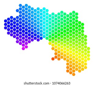 Spectrum hexagon African Guinea Map. Vector geographic map in bright colors on a white background. Spectrum has circular gradient. Colored vector concept of African Guinea Map done of hexagon dots.