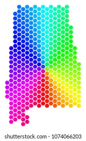 Spectrum hexagon Alabama State Map. Vector geographic map in rainbow colors on a white background. Spectrum has circular gradient.