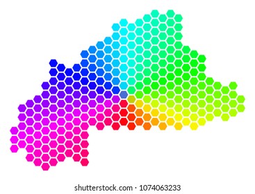 Spectrum hexagon Burkina Faso Map. Vector geographic map in bright colors on a white background. Spectrum has circular gradient. Color vector mosaic of Burkina Faso Map combined of hexagon elements.