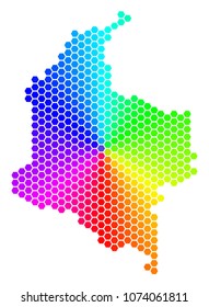 Spectrum hexagon Colombia Map. Vector geographic map in bright colors on a white background. Spectrum has circular gradient. Colorful vector pattern of Colombia Map made of hexagon items.