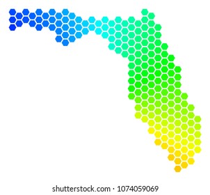 Spectrum hexagon Florida Map. Vector geographic map in rainbow colors on a white background. Spectrum has circular gradient. Multicolored vector composition of Florida Map designed of hexagonal spots.