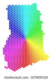 Spectrum hexagon Ghana Map. Vector geographic map in bright colors on a white background. Spectrum has circular gradient. Multicolored vector composition of Ghana Map combined of hexagonal pixels.