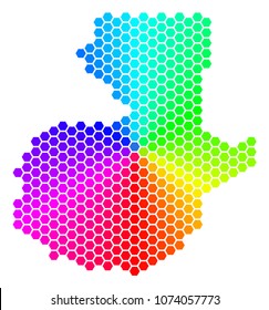 Spectrum hexagon Guatemala Map. Vector geographic map in bright colors on a white background. Spectrum has circular gradient. Colored vector collage of Guatemala Map done of hexagon elements.