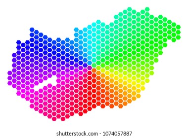 Spectrum hexagon Hungary Map. Vector geographic map in bright colors on a white background. Spectrum has circular gradient. Color vector mosaic of Hungary Map made of hexagon spots.