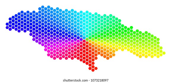 Spectrum hexagon Jamaica Map. Vector geographic map in bright colors on a white background. Spectrum has circular gradient. Color vector mosaic of Jamaica Map composed of hexagon elements.