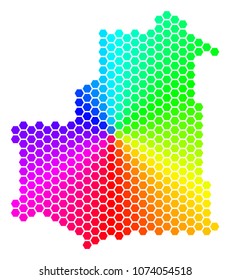 Spectrum hexagon Mauritania Map. Vector geographic map in rainbow colors on a white background. Spectrum has circular gradient. Colorful vector mosaic of Mauritania Map composed of hexagonal dots.
