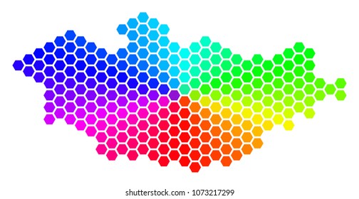 Spectrum hexagon Mongolia Map. Vector geographic map in rainbow colors on a white background. Spectrum has circular gradient. Color vector composition of Mongolia Map organized of hexagonal items.