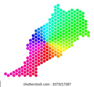 Spectrum hexagon Morocco Map. Vector geographic map in bright colors on a white background. Spectrum has circular gradient. Color vector mosaic of Morocco Map composed of hexagon items.