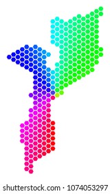 Spectrum hexagon Mozambique Map. Vector geographic map in bright colors on a white background. Spectrum has circular gradient. Colored vector pattern of Mozambique Map done of hexagon items.