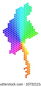 Spectrum hexagon Myanmar Map. Vector geographic map in bright colors on a white background. Spectrum has circular gradient. Colorful vector concept of Myanmar Map composed of hexagonal items.