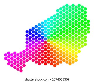 Spectrum hexagon Niger Map. Vector geographic map in rainbow colors on a white background. Spectrum has circular gradient. Multicolored vector mosaic of Niger Map created of hexagon elements.
