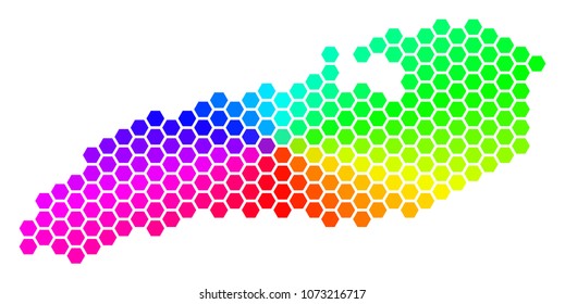 Spectrum hexagon Ontario Lake Map. Vector geographic map in bright colors on a white background. Spectrum has circular gradient. Colored vector mosaic of Ontario Lake Map designed of hexagonal blots.
