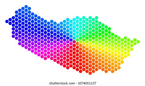 Spectrum hexagon Portugal Madeira Island Map. Vector geographic map in bright colors on a white background. Spectrum has circular gradient.