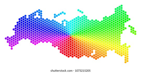 Spectrum hexagon Russia Map. Vector geographic map in rainbow colors on a white background. Spectrum has circular gradient. Color vector concept of Russia Map made of hexagonal dots.