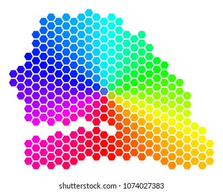 Spectrum hexagon Senegal Map. Vector geographic map in bright colors on a white background. Spectrum has circular gradient. Multicolored vector concept of Senegal Map combined of hexagon dots.