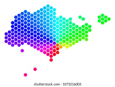 Spectrum hexagon Singapore Map. Vector geographic map in bright colors on a white background. Spectrum has circular gradient. Color vector concept of Singapore Map organized of hexagon items.