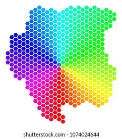 Spectrum hexagon Suriname Map. Vector geographic map in rainbow colors on a white background. Spectrum has circular gradient. Color vector mosaic of Suriname Map designed of hexagon items.