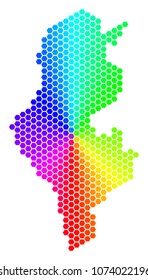 Spectrum hexagon Tunisia Map. Vector geographic map in rainbow colors on a white background. Spectrum has circular gradient. Multicolored vector mosaic of Tunisia Map made of hexagonal pixels.