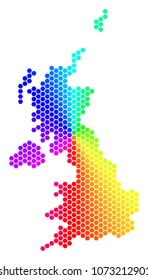 Spectrum hexagon United Kingdom Map. Vector geographic map in rainbow colors on a white background. Spectrum has circular gradient. Color vector collage of United Kingdom Map done of hexagonal pixels.
