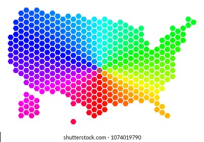 Spectrum hexagon USA With Alaska Map. Vector geographic map in rainbow colors on a white background. Spectrum has circular gradient.
