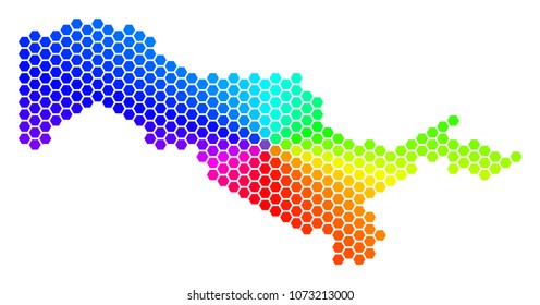 Spectrum hexagon Uzbekistan Map. Vector geographic map in rainbow colors on a white background. Spectrum has circular gradient. Multicolored vector mosaic of Uzbekistan Map created of hexagon pixels.