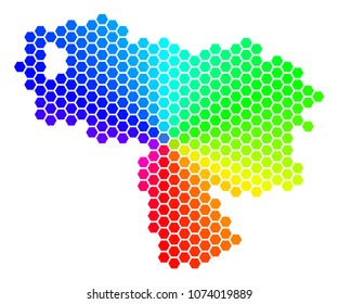 Spectrum hexagon Venezuela Map. Vector geographic map in rainbow colors on a white background. Spectrum has circular gradient. Color vector composition of Venezuela Map done of hexagon blots.