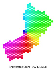 Spectrum hexagon Yemen Map. Vector geographic map in rainbow colors on a white background. Spectrum has circular gradient. Colorful vector collage of Yemen Map combined of hexagon spots.