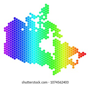 Spectrum Hexagonal Canada Map. Vector geographic map in bright colors on a white background. Spectrum has horizontal gradient. Multicolored vector mosaic of Canada Map created of hexagonal spots.