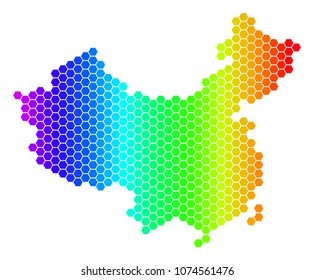 Spectrum Hexagonal China Map. Vector geographic map in bright colors on a white background. Spectrum has horizontal gradient. Colored vector composition of China Map designed of hexagon elements.
