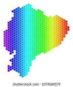 Spectrum Hexagonal Ecuador Map. Vector geographic map in bright colors on a white background. Spectrum has horizontal gradient. Colorful vector mosaic of Ecuador Map composed of hexagon blots.